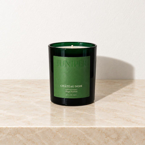Bougie Château Noir végétale — marbre beige harmonisé