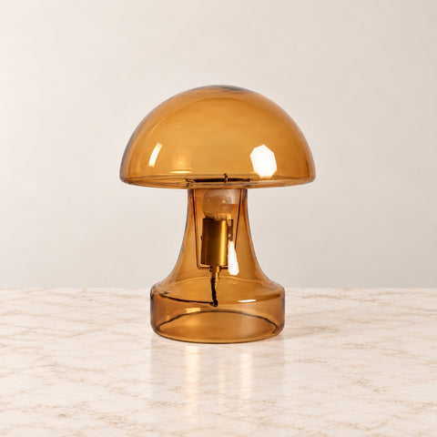 Lampe champignon verre ambré — fond beige et marbre