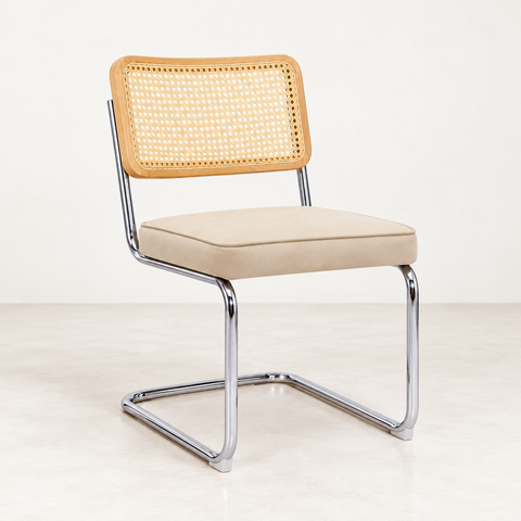 Chaise Breuer en velours — vue de trois quarts sur fond blanc cassé