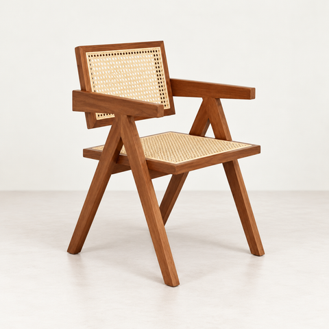 Chaise Jeanneret bois rotin — vue de trois quarts sur fond blanc cassé
