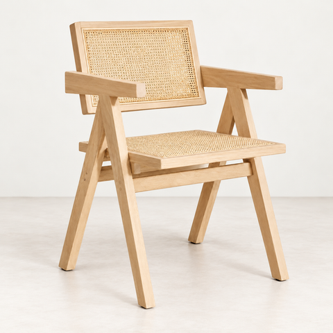 Fauteuil bureau Hector rotin — vue de trois quarts sur fond blanc cassé
