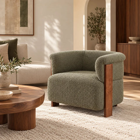 Fauteuil bouclé vert — salon minimaliste