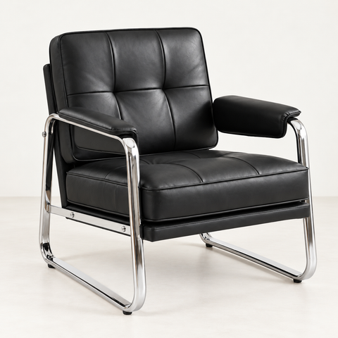 Fauteuil lounge simili cuir noir — vue de trois quarts sur fond blanc cassé