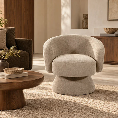 Fauteuil Manon chenille taupe — salon minimaliste