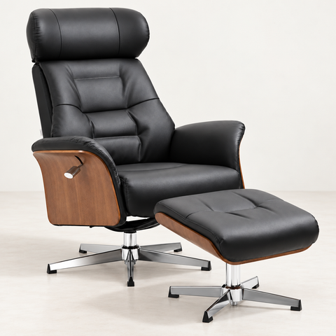 Fauteuil relax avec repose-pieds noir — vue de trois quarts sur fond blanc cassé