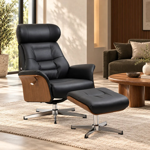 Fauteuil relax avec repose-pieds noir — salon minimaliste