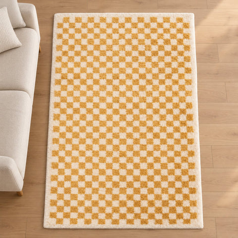 Tapis Checkers damier moelleux — mise en situation illustrative avec mobilier
