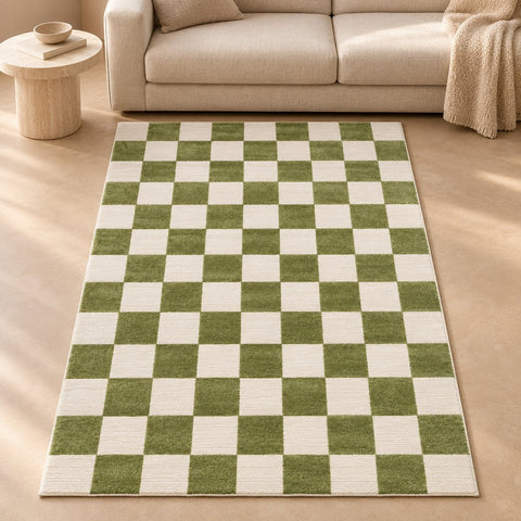 Tapis Petits Carreaux sculpté — mise en situation illustrative avec canapé