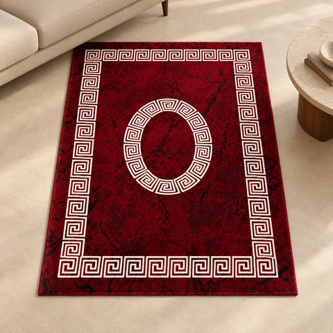 Tapis Plus rouge — mise en situation illustrative avec canapé et table basse
